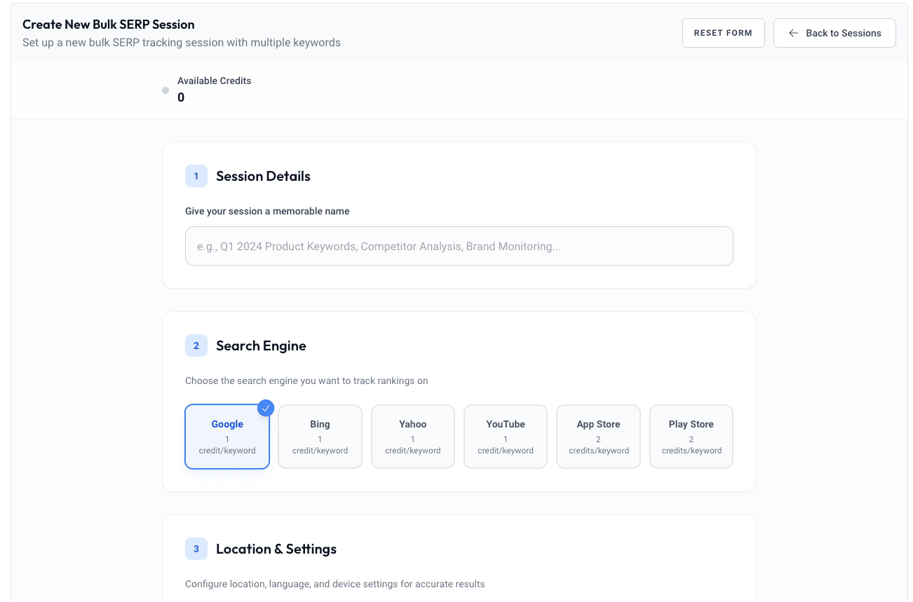 Session Creation Interface